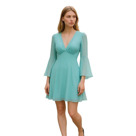 MAC DUGGAL Dress Size 2 Evening Gown NEW Teal Aqua Mini V Neck Flowy Sleeve - Picture 1 of 9